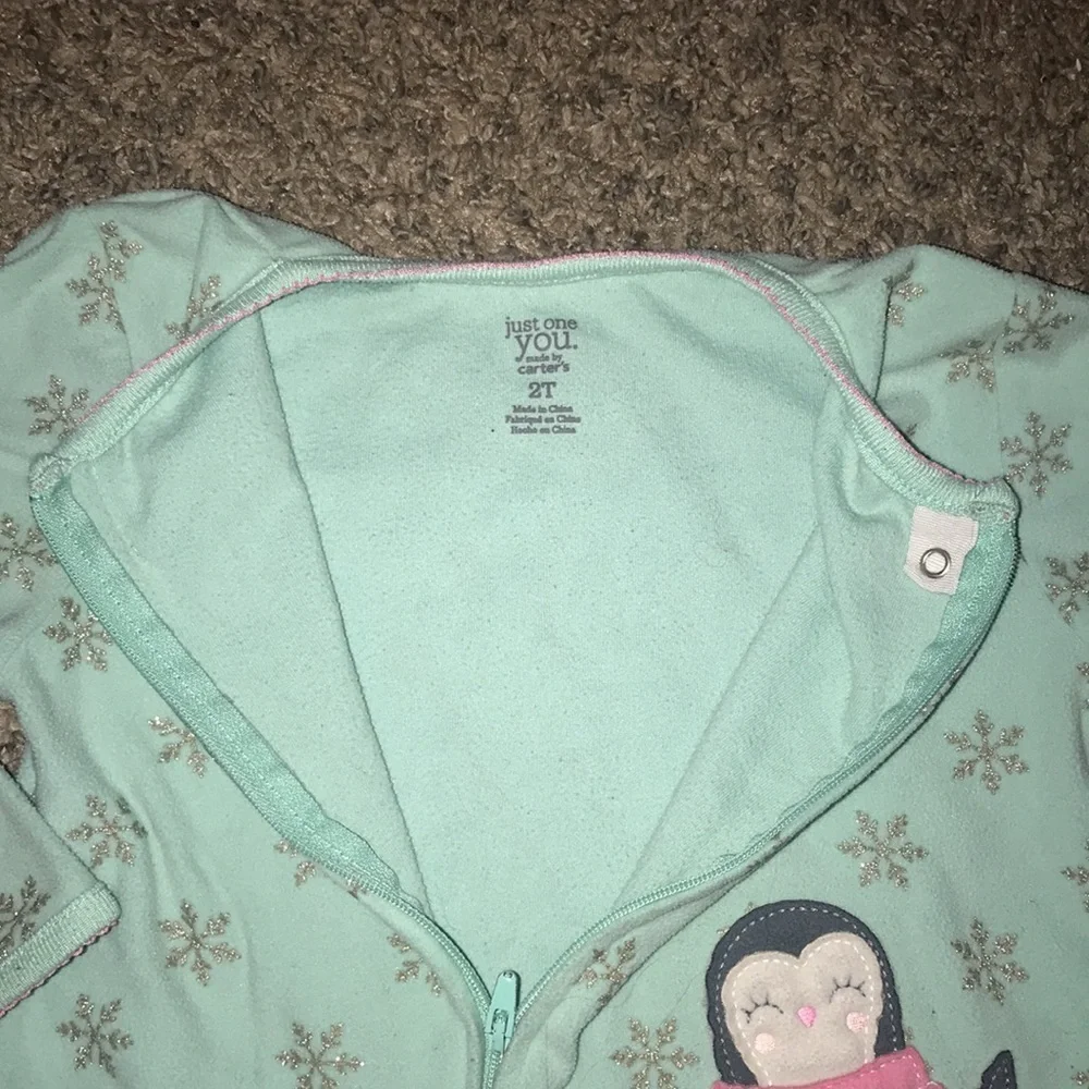 Carter’s Light Blue Glitter Snowflake Penguin Fleece Onesie ZipUp Footie Pajamas